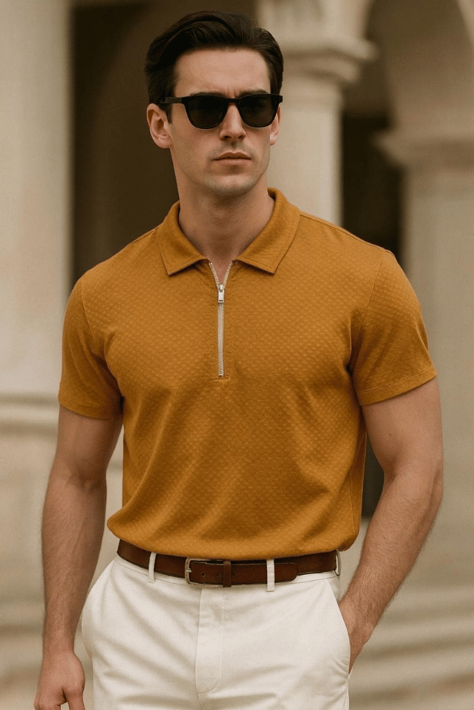 The Comfort Clothing Texture Zipped Polo Tshirt Camel Brown